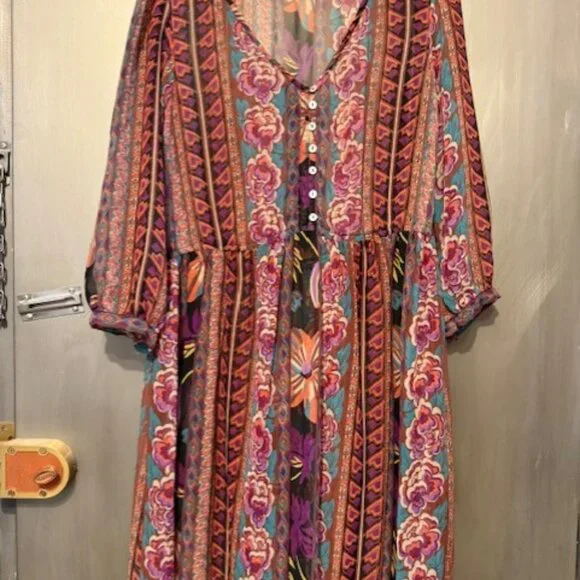 Boho Retro Chiffon Long Sleeve Geometric Floral Maxi Dresses - Picture 8 of 16